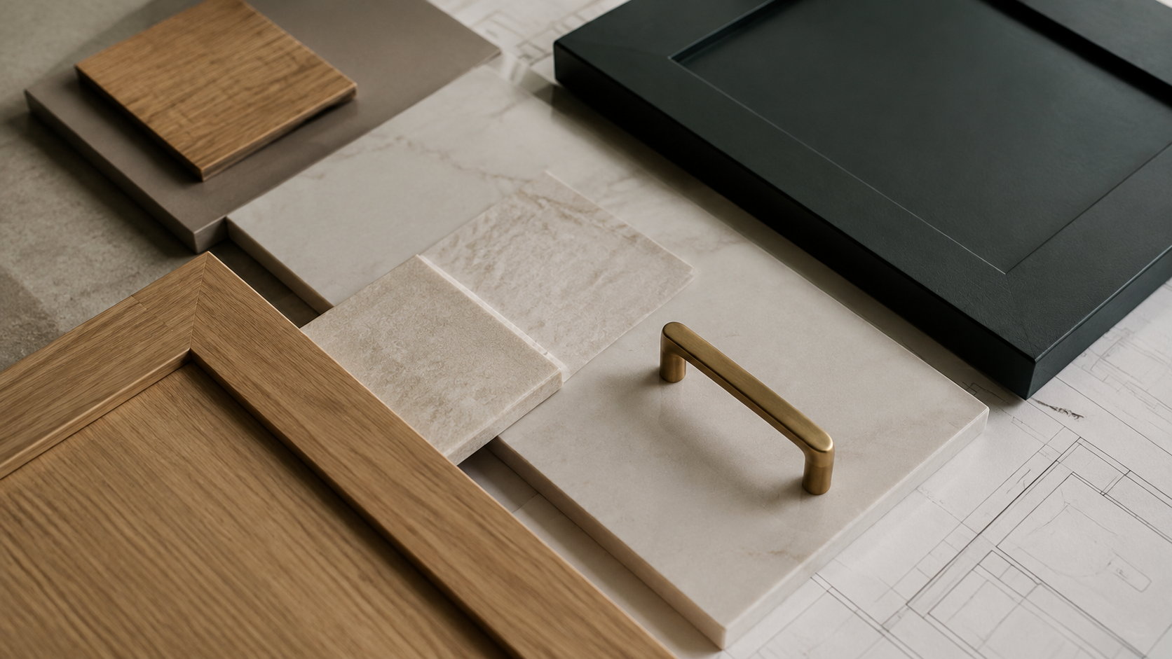 Cabinetry, stone, wood, and hardware material selections